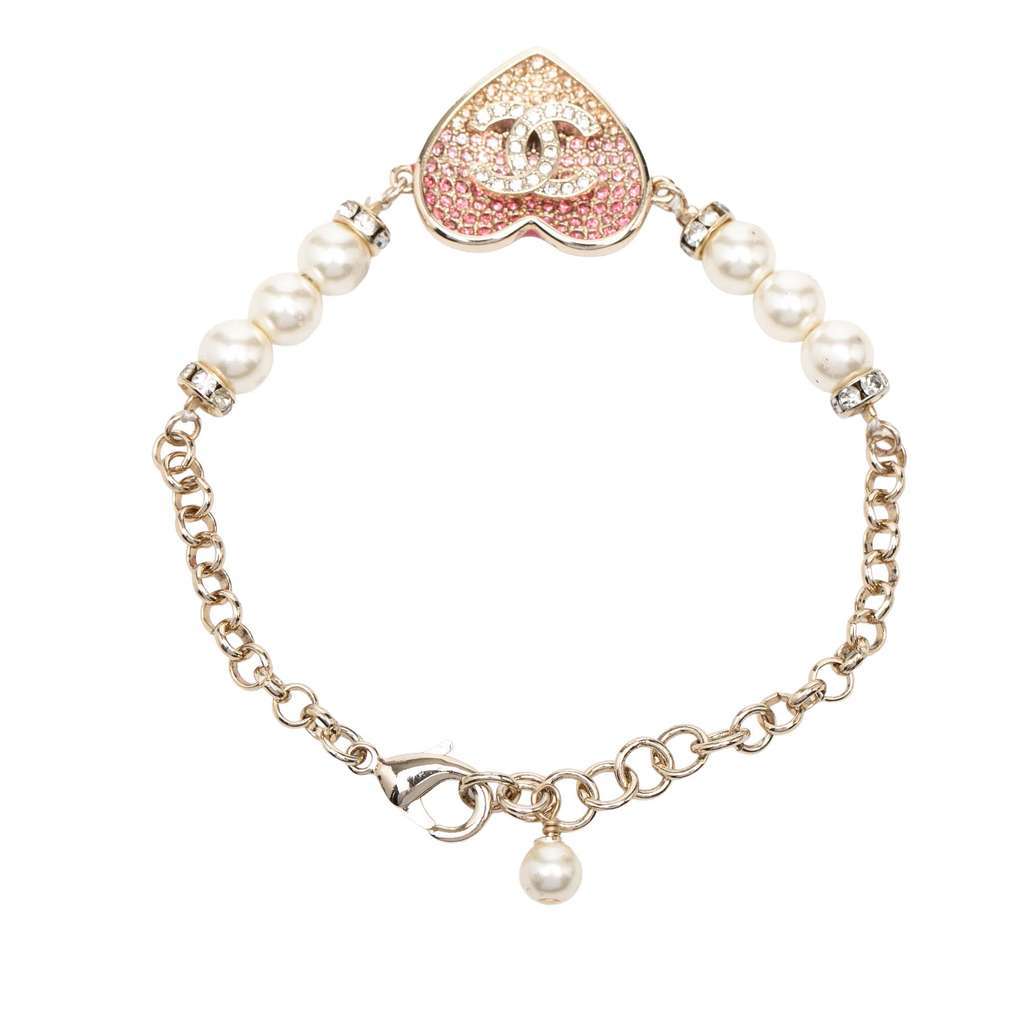 Chanel CC Gold Plated Resin Crystal Faux Pearl Chain Heart Bracelet Gold Metal Very good condition - Inside View