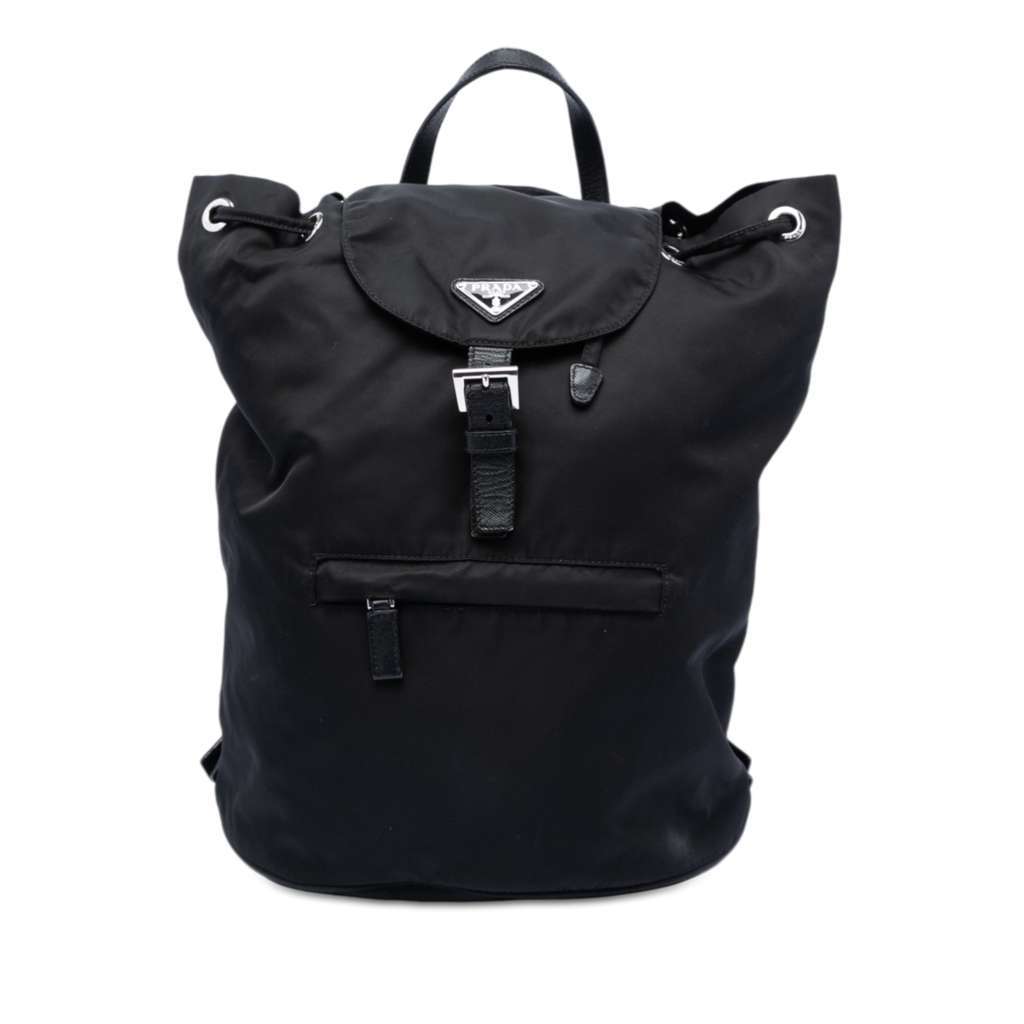 Prada Saffiano Trimmed Tessuto Drawstring Backpack Black Very good condition - Front View