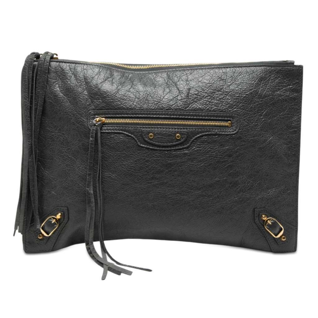 Balenciaga Lambskin Motocross Classic Zip Around Flat Clutch Grey Leather Good condition - Front View
