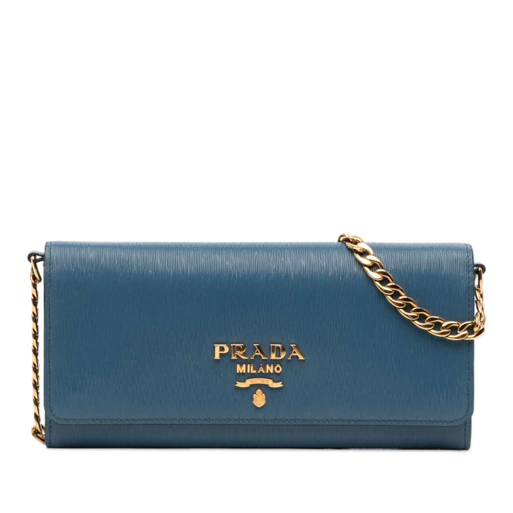 Prada Saffiano Wallet On Chain Blue Leather Very good condition - Front View