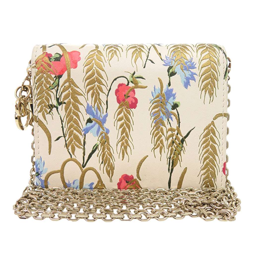 Dior Calfskin Hibiscus Card Holder with Chain White Leather Very good - Front View