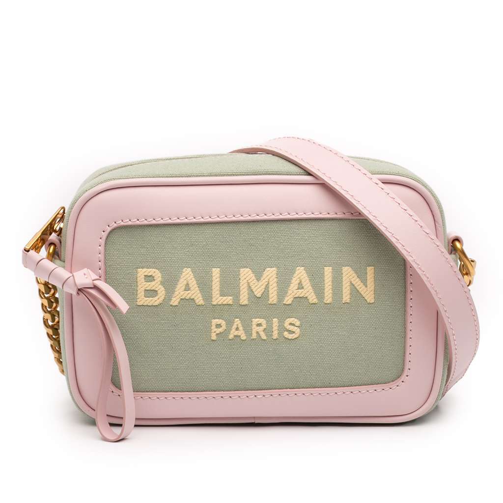 Balmain Embroidered Canvas B Army Camera Bag 18 Green Canvas Very good condition - Front View