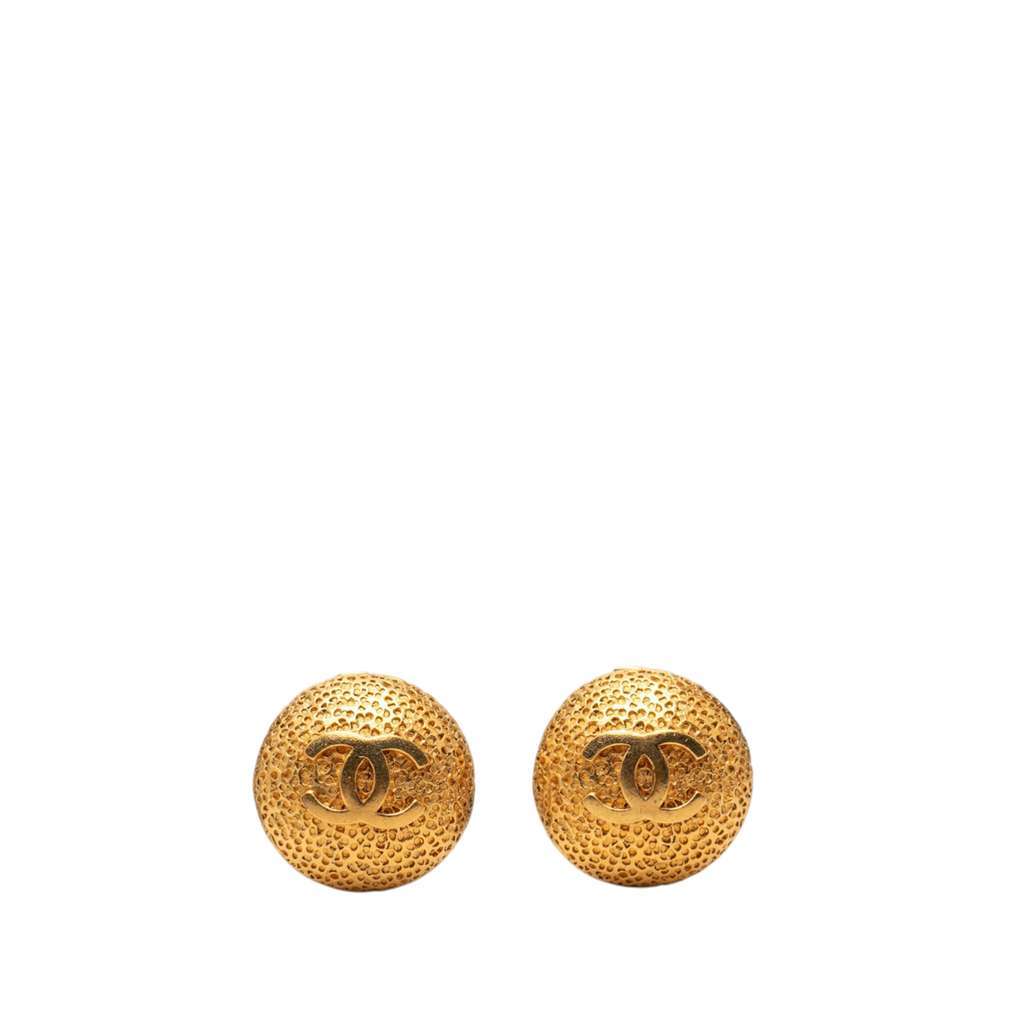 Chanel CC Gold Plated Textured Dome Clip On Earrings Gold Metal Very good - Front View