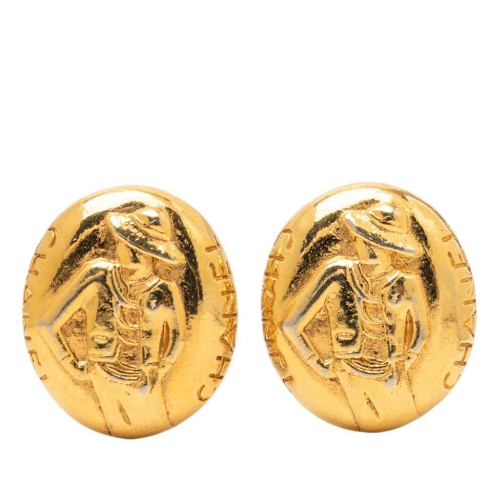 Chanel Gold Plated Mademoiselle Logo Clip On Earrings Gold Metal Very good - Front View