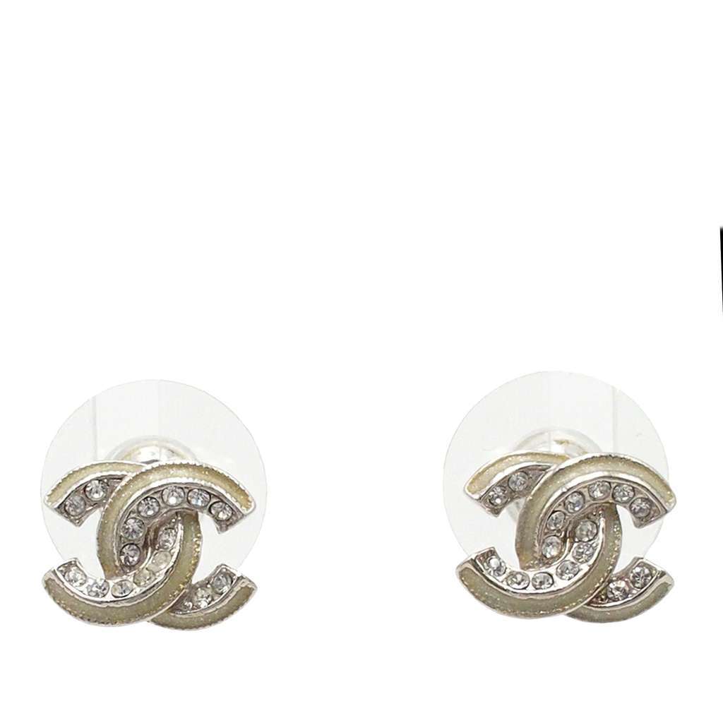 Chanel CC Plated Brass Strass Push Back Earrings Silver Brass Very good condition - Front View