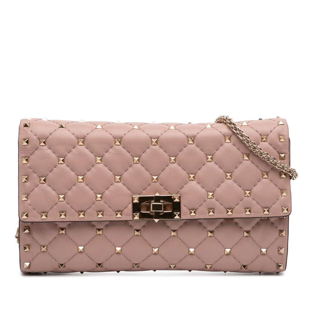 Valentino Quilted Nappa Rockstud Spike Wallet On Chain Pink Leather Very good condition - Front View