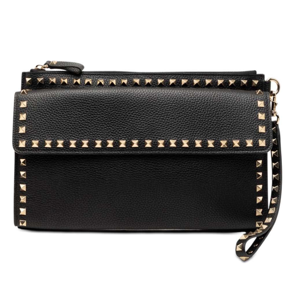 Valentino Grained Calfskin Rockstud Wristlet Clutch Black Leather Very good condition - Front View