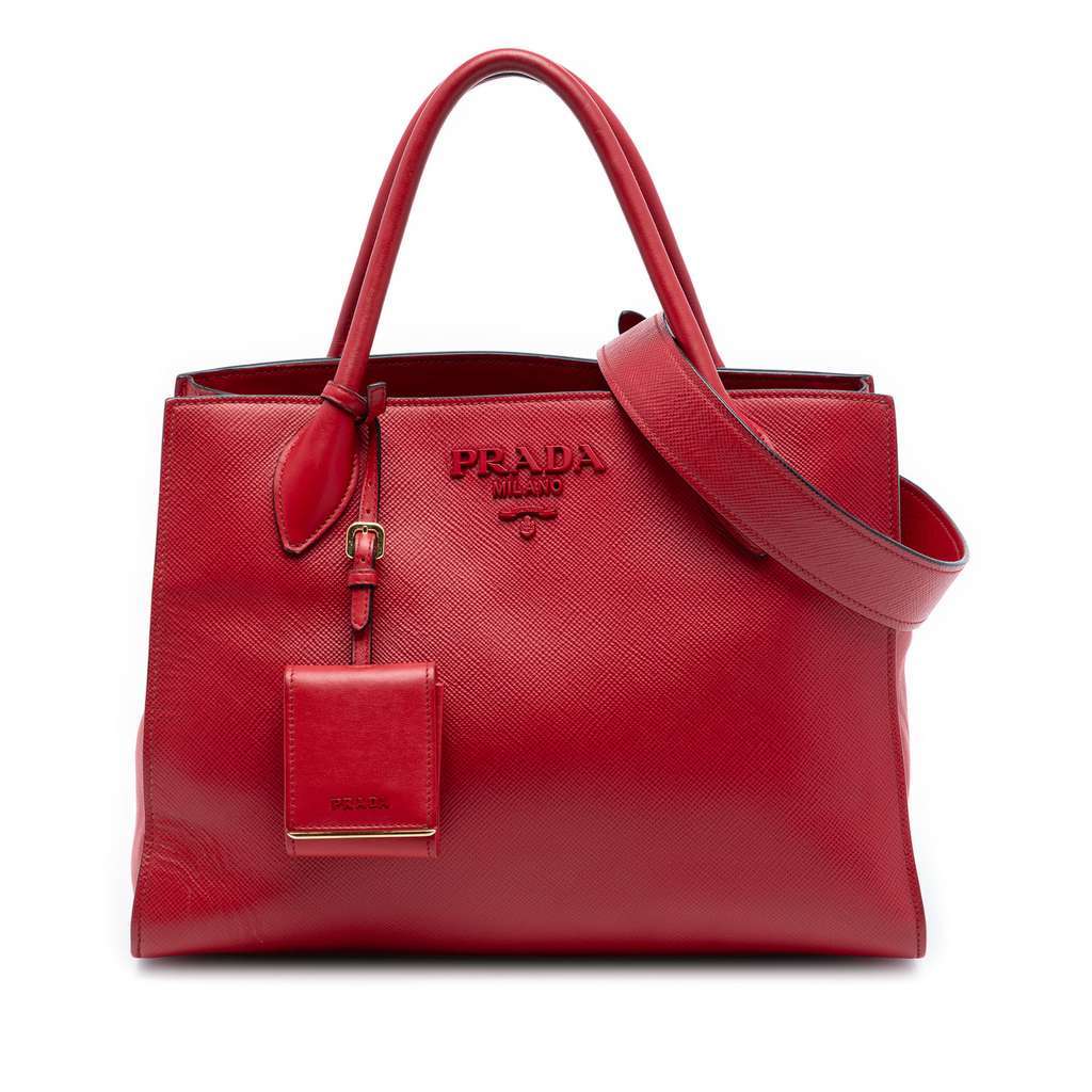 Prada Medium Saffiano Cuir Monochrome Top Handle Tote Red Leather Good - Front View