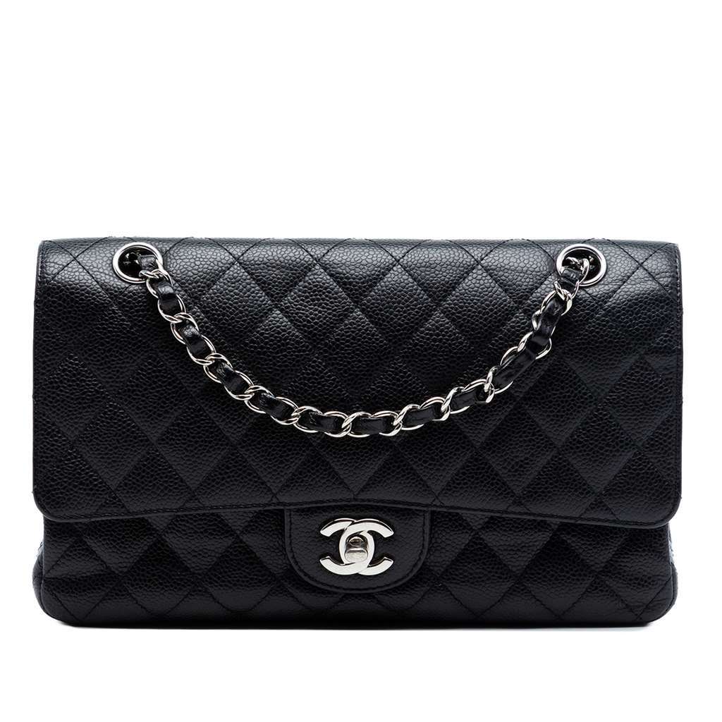 Chanel Medium Classic Caviar Double Flap Black Leather Very good - Front View