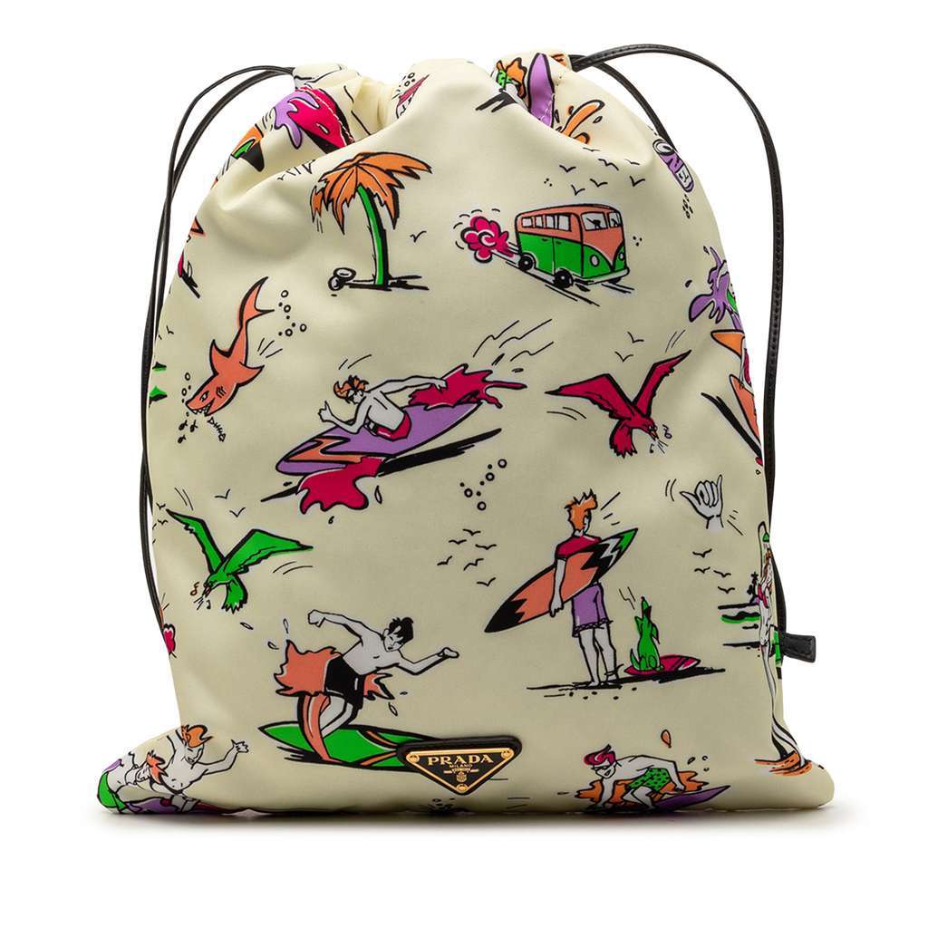 Prada Re Nylon Surf Print Wish Drawstring Pouch Brown Very good condition - Front View