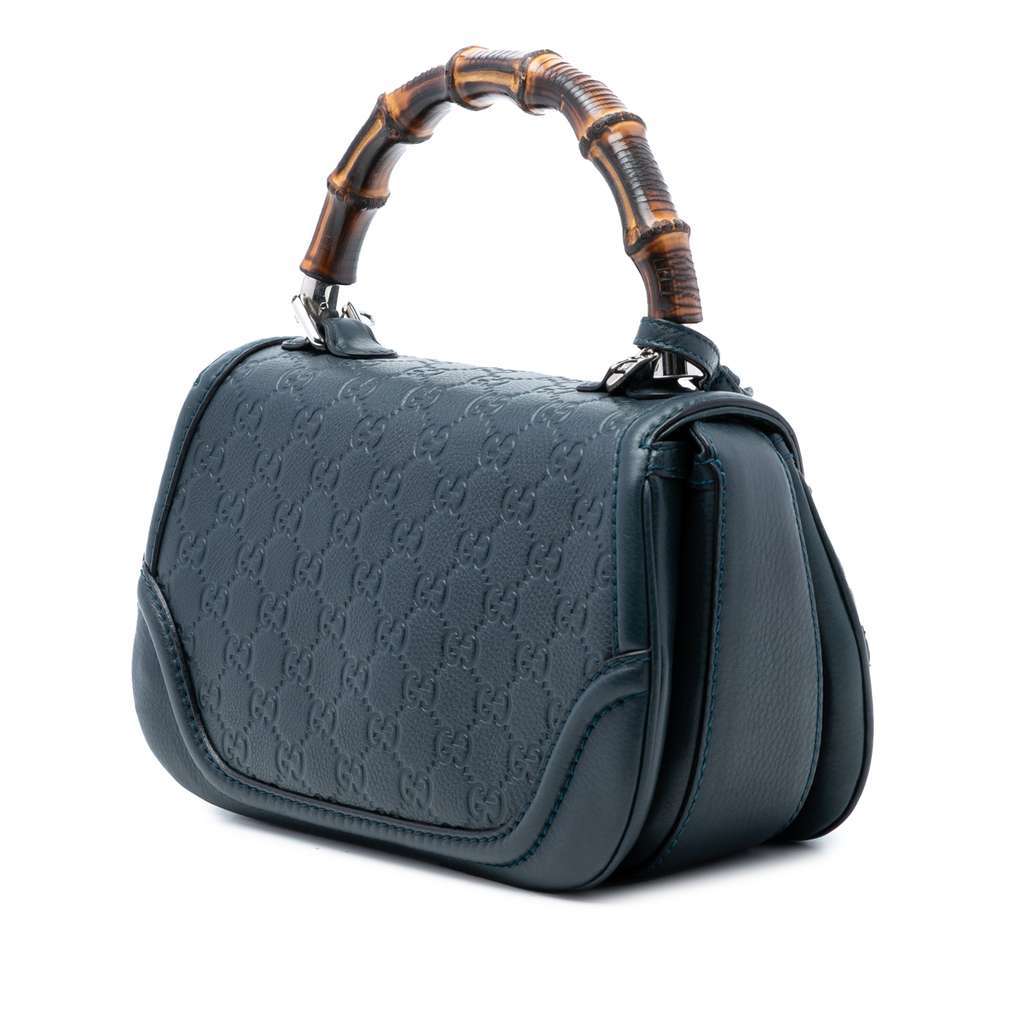 Gucci Medium Guccissima New Bamboo Top Handle Bag Blue Leather Very good condition - Back View