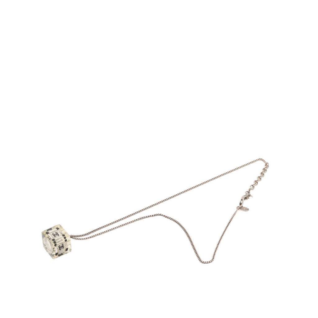 Chanel CC Plated Brass Acrylic Cube Pendant Necklace Silver Brass Very good condition - Front View