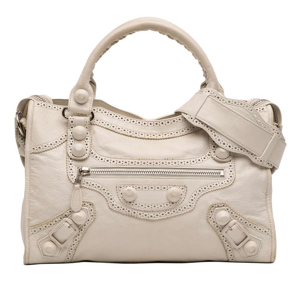 Balenciaga Lambskin Motocross Giant Brogues City Satchel White Leather Very good condition - Back View