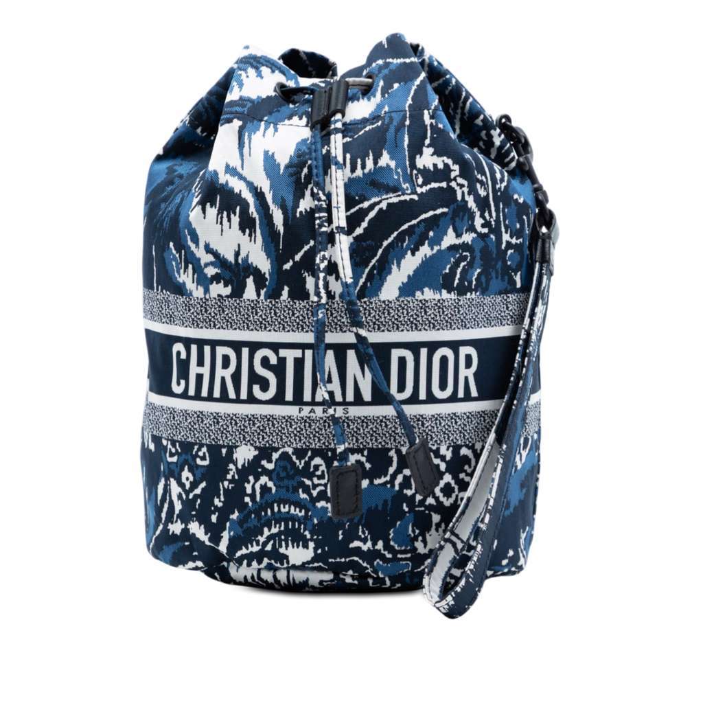 Dior Technical Fabric Embroidered Palm Tree Toile de Jouy DiorTravel Drawstring Pouch Blue Very good - Front View