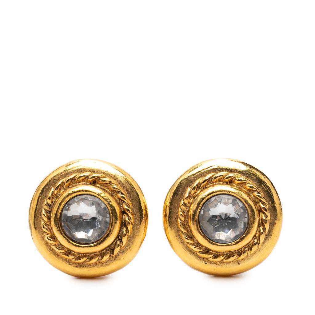 Chanel Gold Plated Rhinestone Rope Border Clip On Earrings Gold Metal Very good - Front View