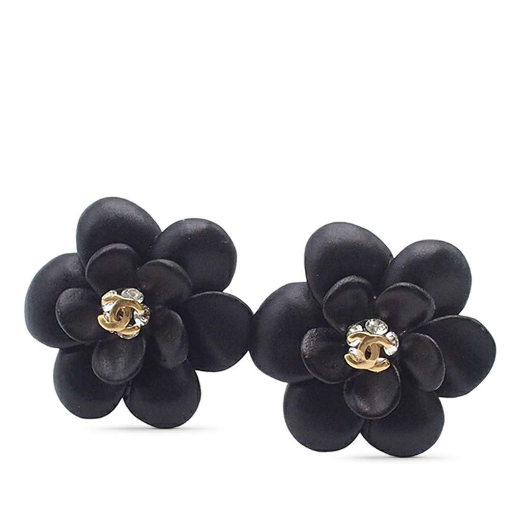 Chanel CC Resin Rhinestone Camellia Clip On Earrings Black Very good - Front View