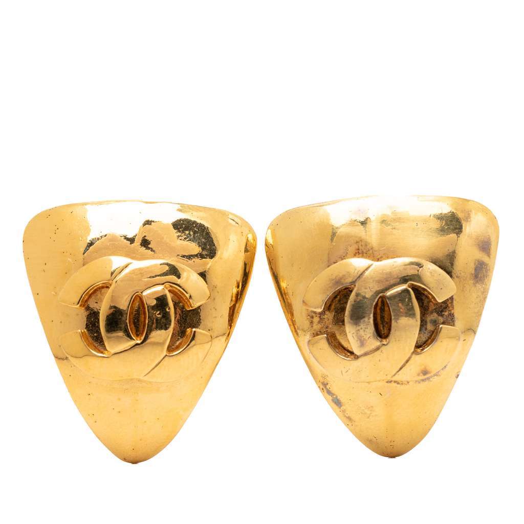 Chanel CC Gold Plated Triangular Clip On Earrings Gold Metal Very good - Front View