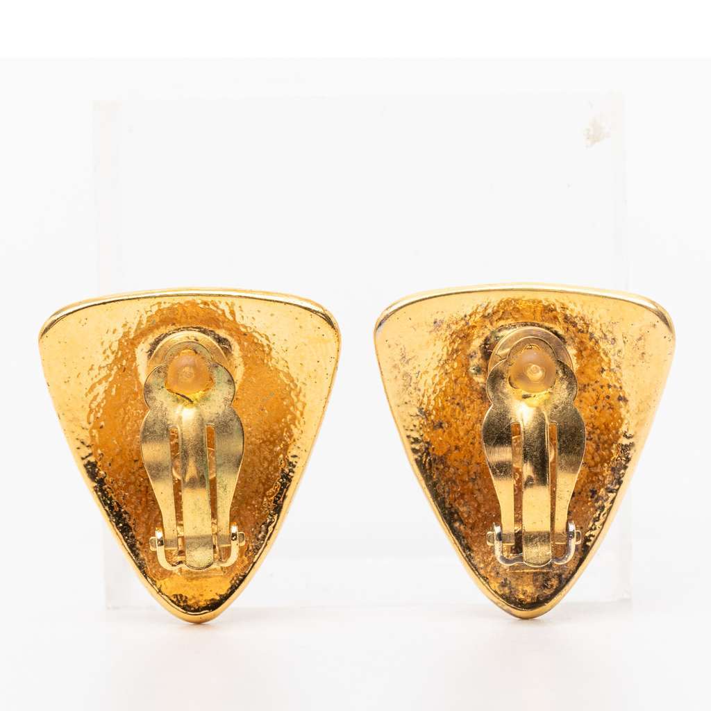 Chanel CC Gold Plated Triangular Clip On Earrings Gold Metal Very good - Back View