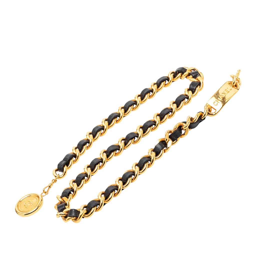 Chanel Gold Plated Leather Woven Chain Medallion Belt Gold Metal Very good - Front View