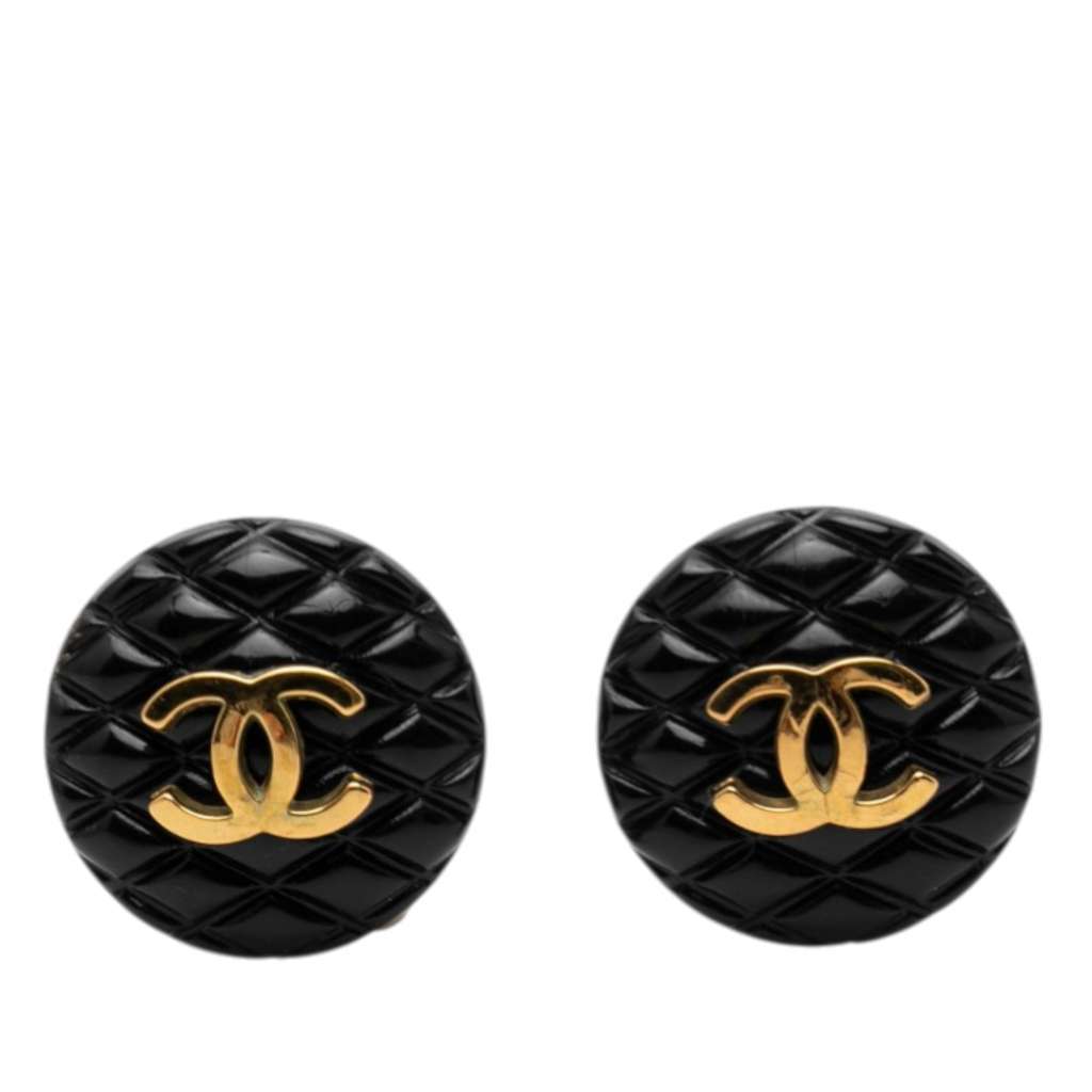 Chanel CC Resin and Gold Plated Quilted Button Clip On Earrings Black Very good condition - Front View