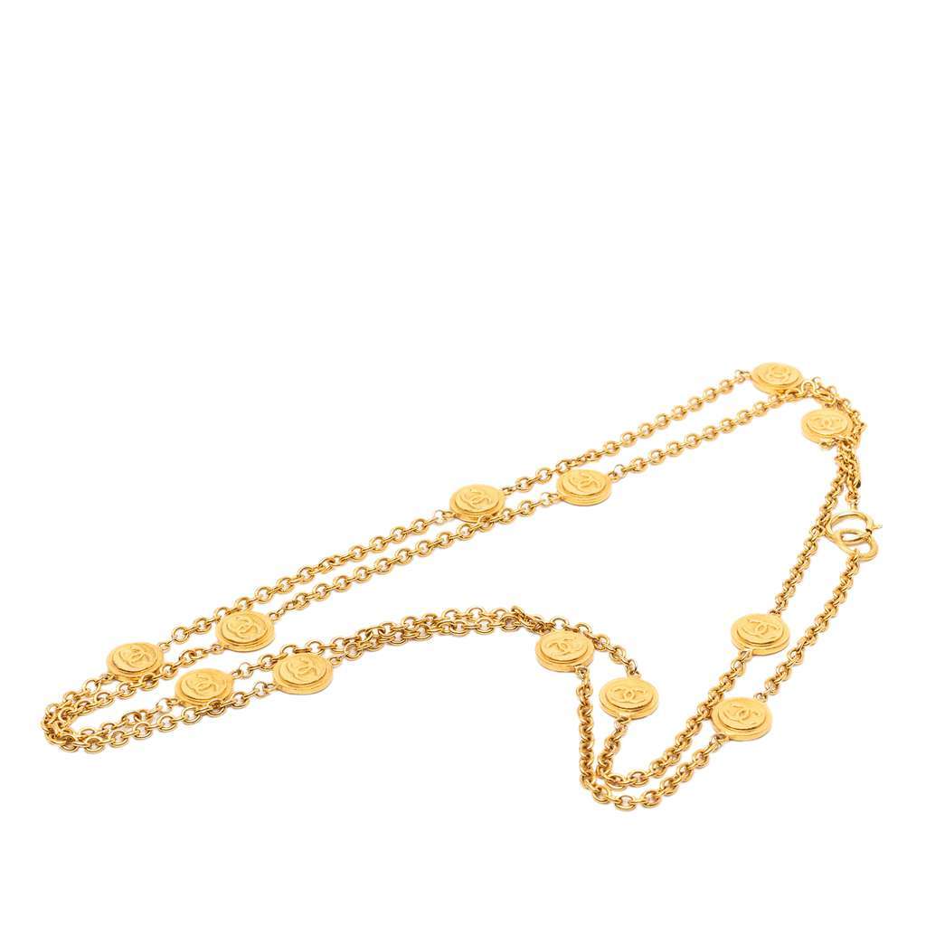 Chanel CC Gold Plated Coin Chain Long Necklace Gold Metal Very good condition - Front View