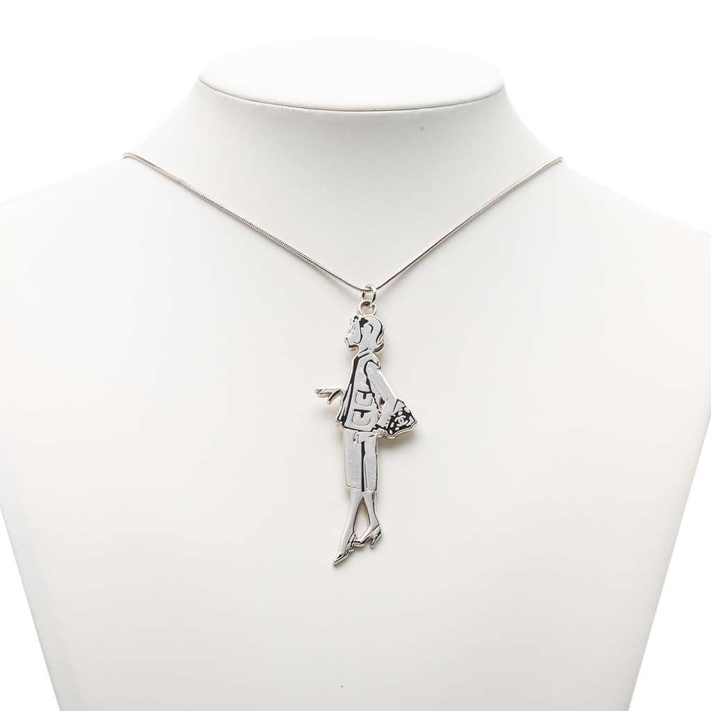 Chanel Silver Plated Mademoiselle Pendant Necklace Silver Metal Very good - Box View