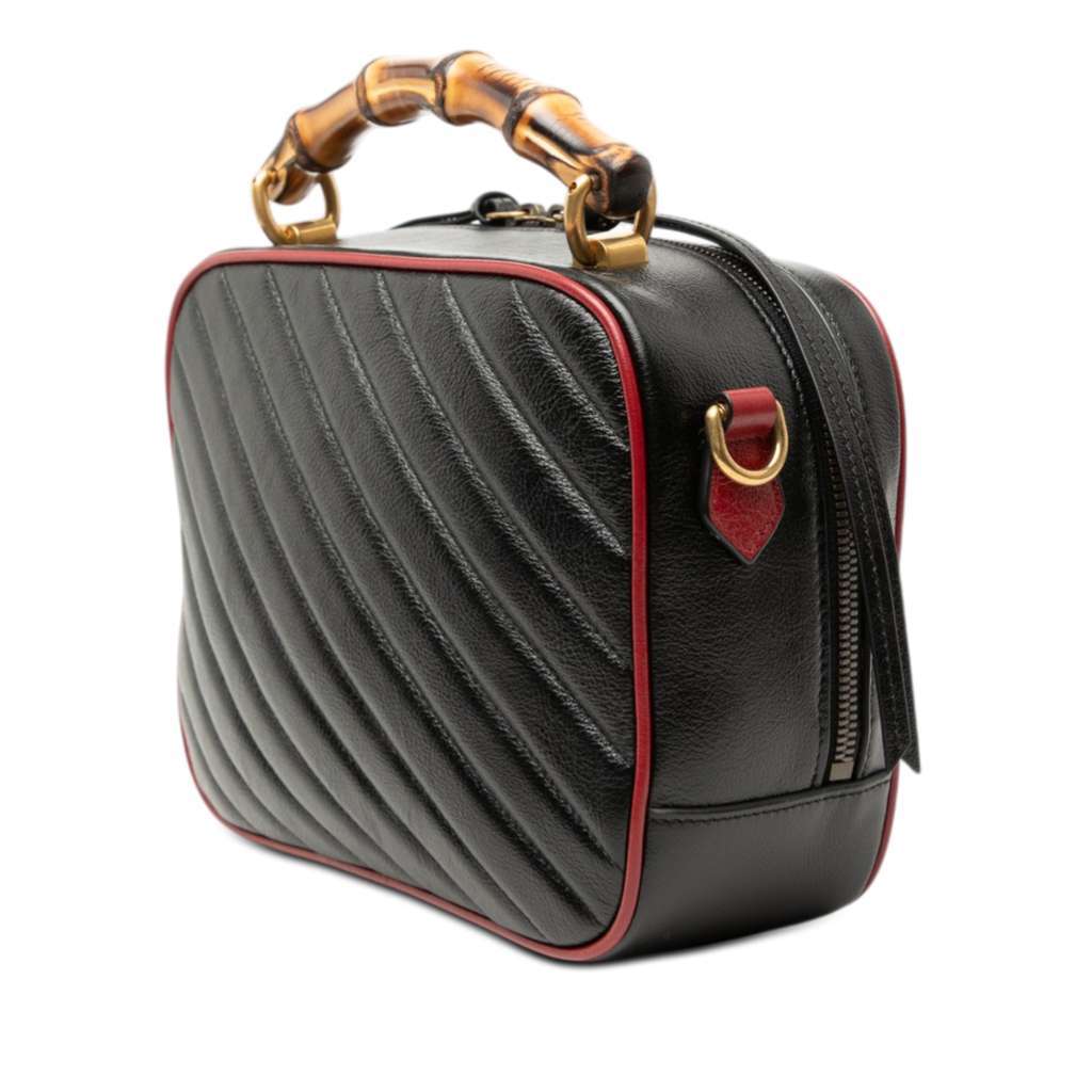 Gucci Small GG Marmont Matelasse Diagonal Leather Torchon Bamboo Satchel Black Leather Very good - Back View
