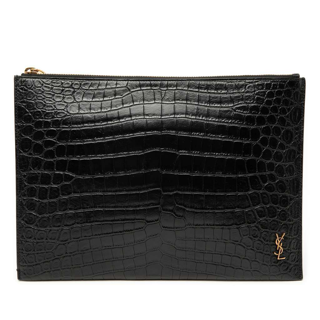 Saint Laurent Croc Embossed Leather Tiny Monogram Zipped Tablet Holder Black Leather Very good - Front View