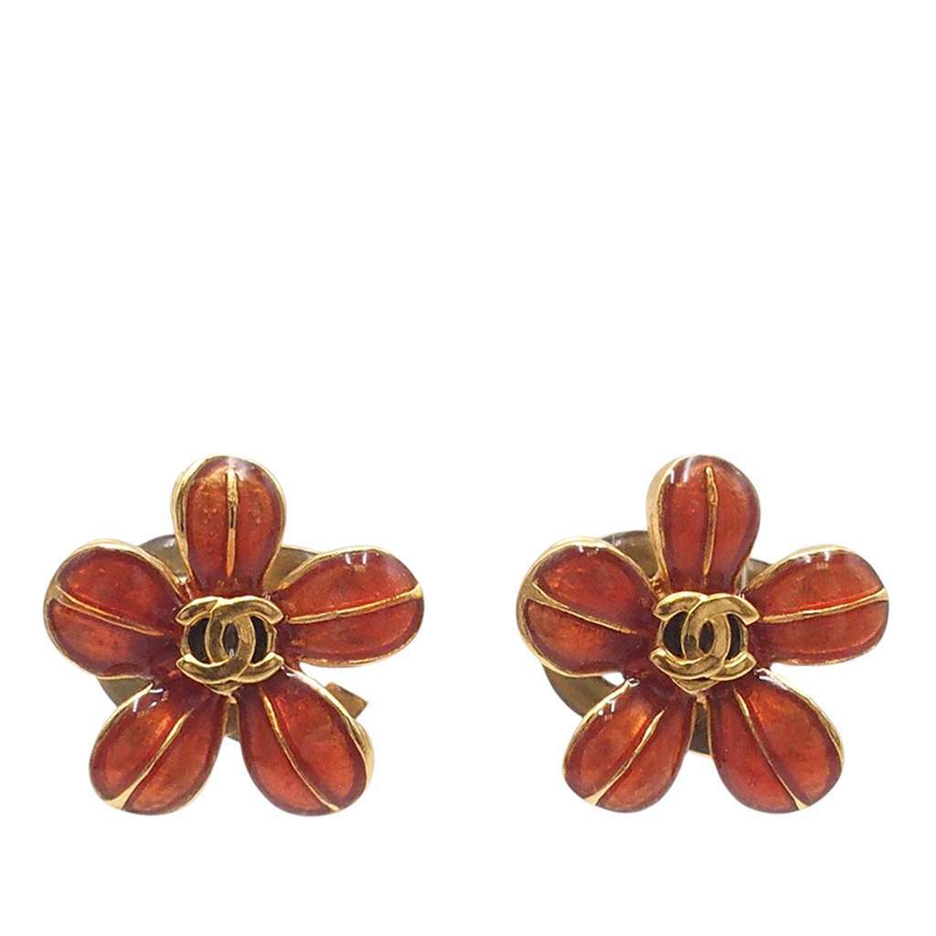Chanel Gold Plated and Resin CC Flower Push Back Earrings Red Very good - Front View