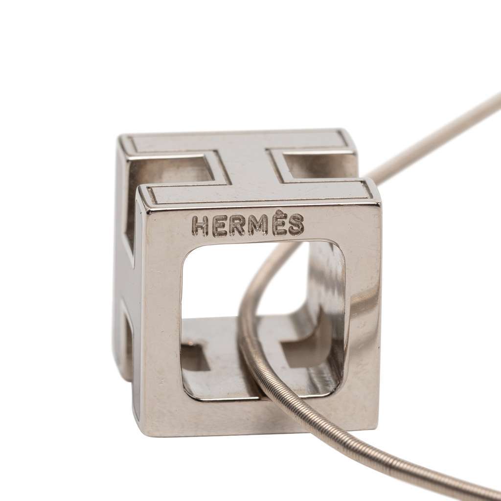 Hermès Palladium Plated Enamel Cage dH Cube Necklace Silver Metal Very good - Model View