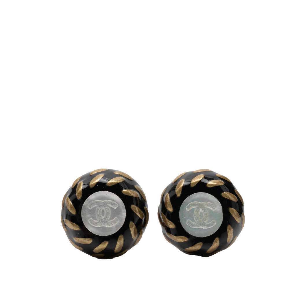 Chanel Resin and Gold Plated CC Button Clip On Earrings Black Very good - Front View