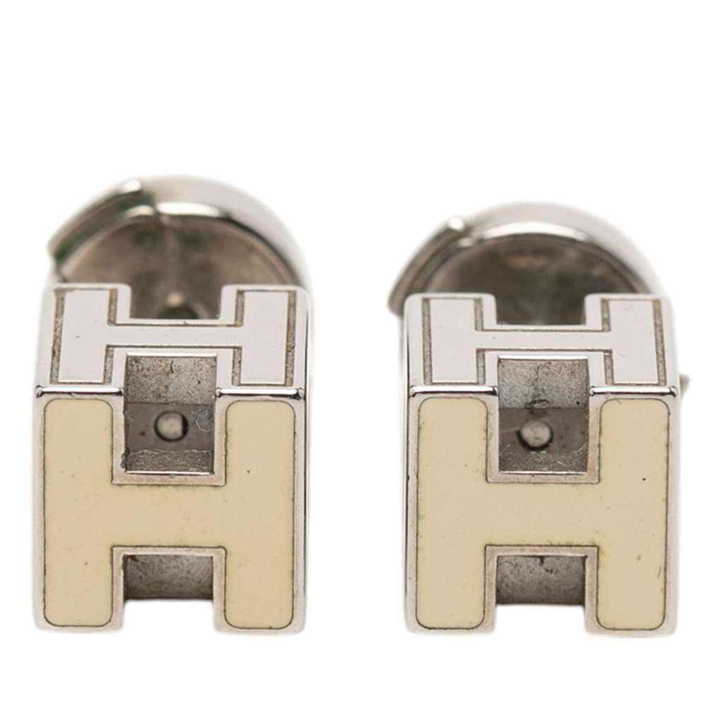 Hermès Palladium Plated Cage D H Cube Earrings Silver Metal Very good - Front View