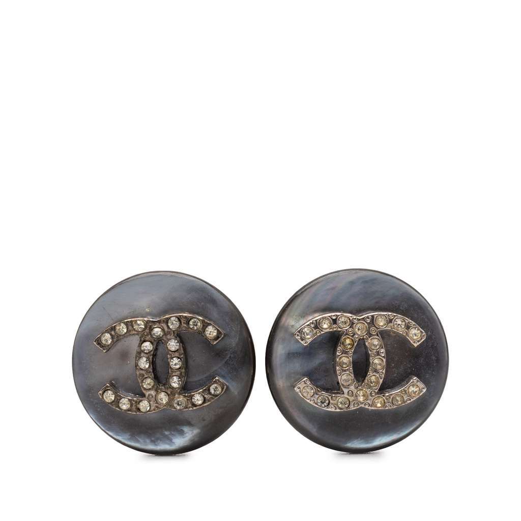 Chanel CC Faux Pearl Strass Clip On Earrings Grey Very good - Front View