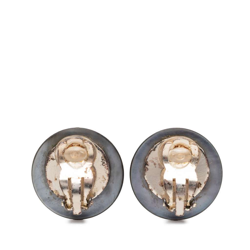 Chanel CC Faux Pearl Strass Clip On Earrings Grey Very good - Back View