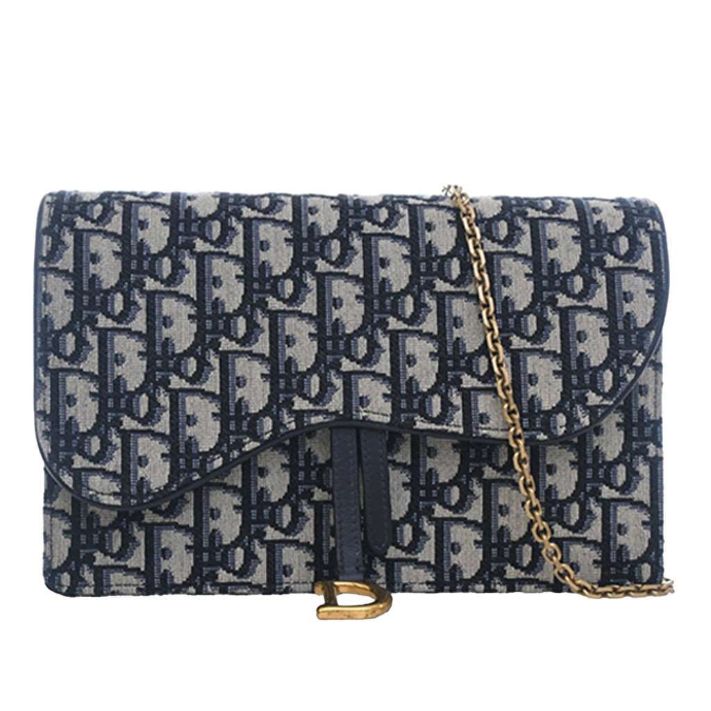 Dior Oblique Canvas Saddle Pouch Wallet on Chain Blue Canvas Very good condition - Front View