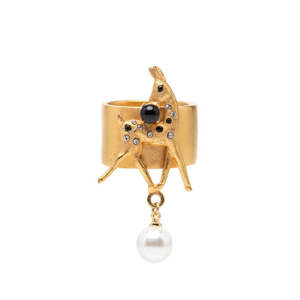 Chanel Gold Plated Rhinestone and Faux Pearl Bambi Ring Gold Metal Very good - Front View