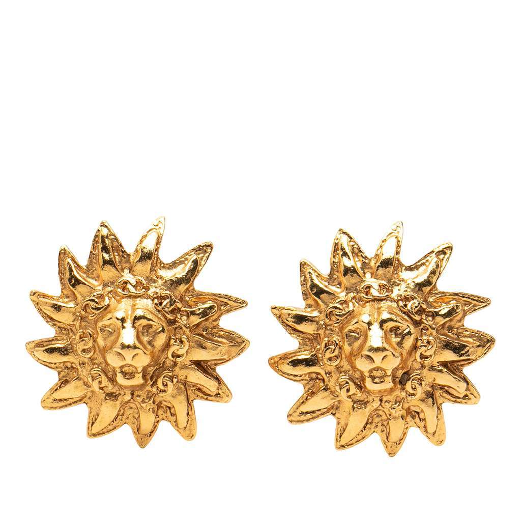Chanel Gold Plated Sun Lion Clip On Earrings Gold Metal Very good condition - Front View
