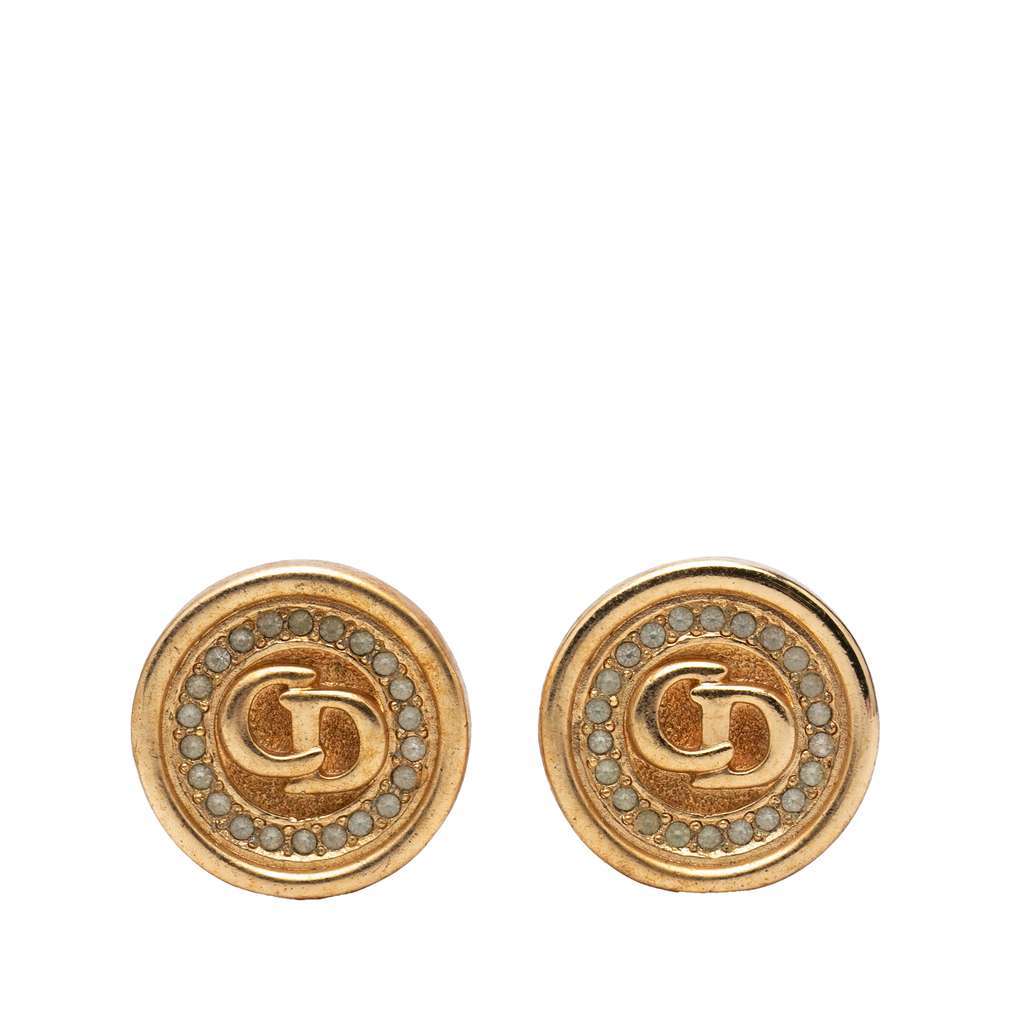 Dior Gold Plated Strass CD Logo Clip On Earrings Gold Metal Very good - Front View