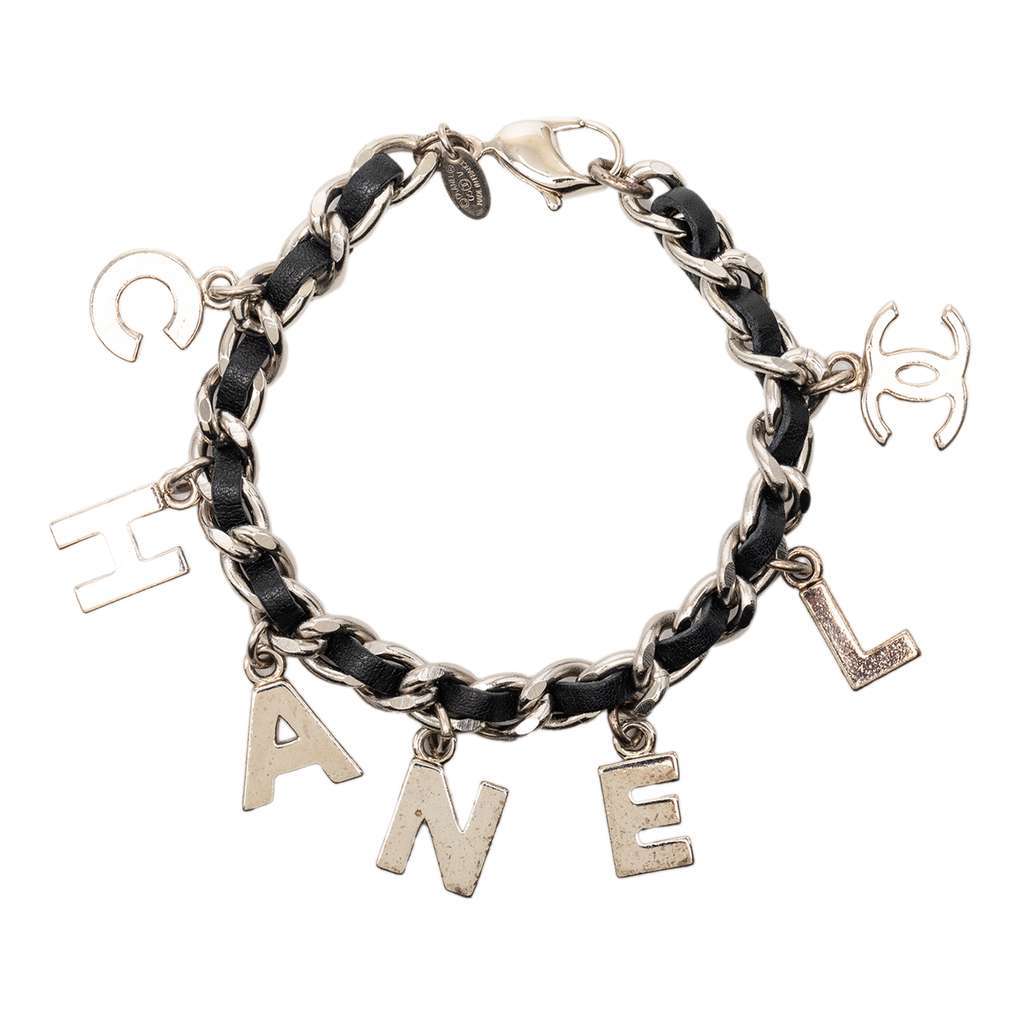 Chanel Silver Plated and Leather Woven Logo Charm Bracelet Silver Metal Very good - Front View