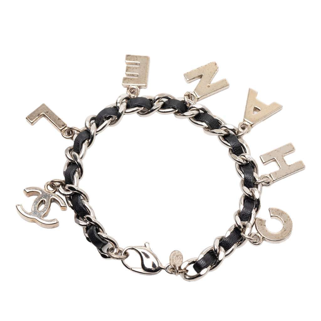 Chanel Silver Plated and Leather Woven Logo Charm Bracelet Silver Metal Very good - Inside View