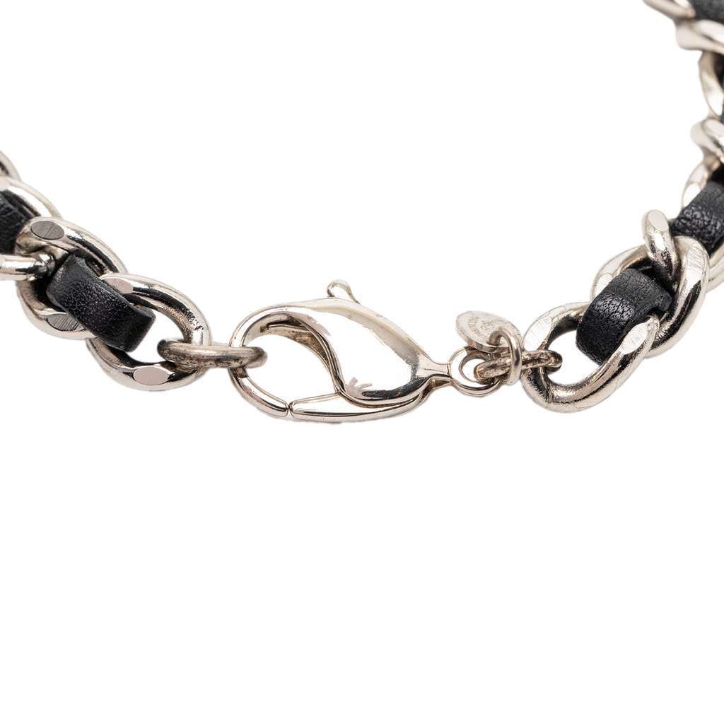 Chanel Silver Plated and Leather Woven Logo Charm Bracelet Silver Metal Very good - Model View