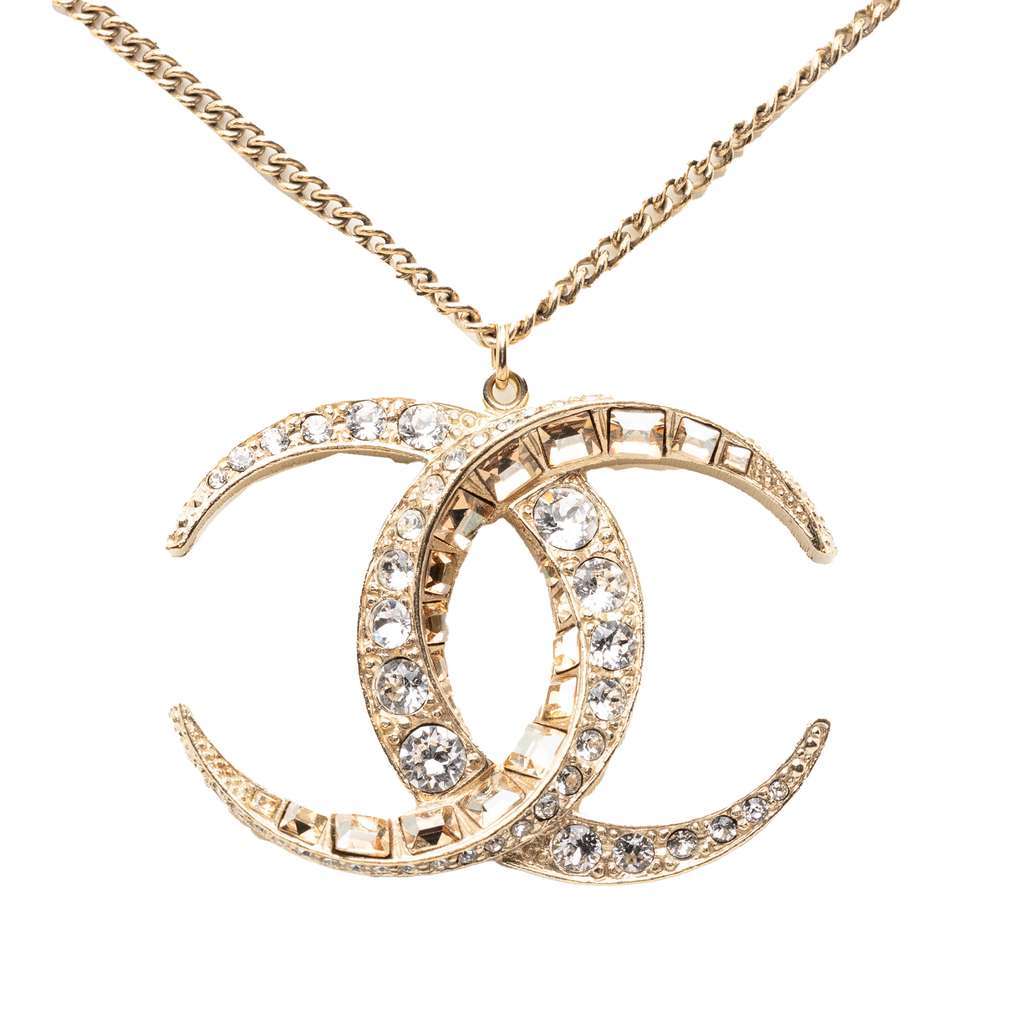 Chanel CC Gold Plated Strass Moon Pendant Necklace Gold Metal Very good - Front View
