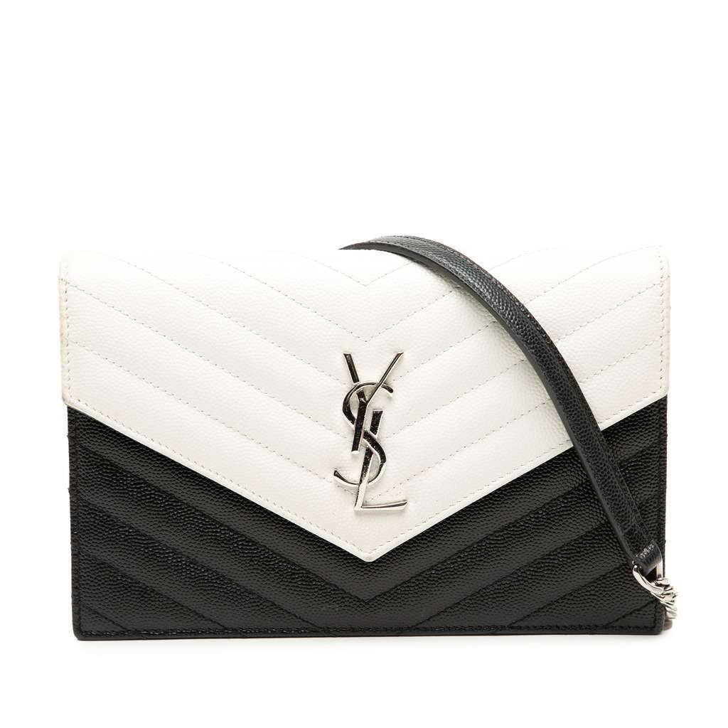 Saint Laurent Bicolor Grain De Poudre Cassandre Envelope Chain Wallet Black Leather Very good - Front View