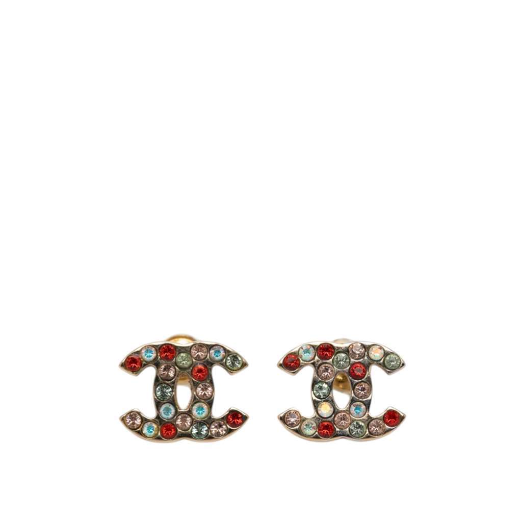 Chanel CC Gold Plated Strass Bullet Back Earrings Gold Metal Very good - Front View