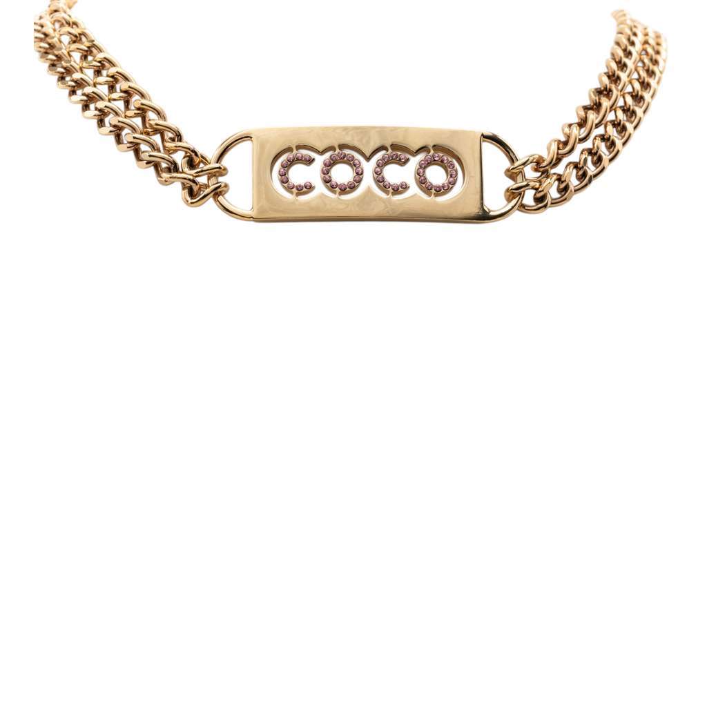 Chanel CC Gold Plated Coco Rhinestones Double Chain Necklace Gold Metal Very good - Front View