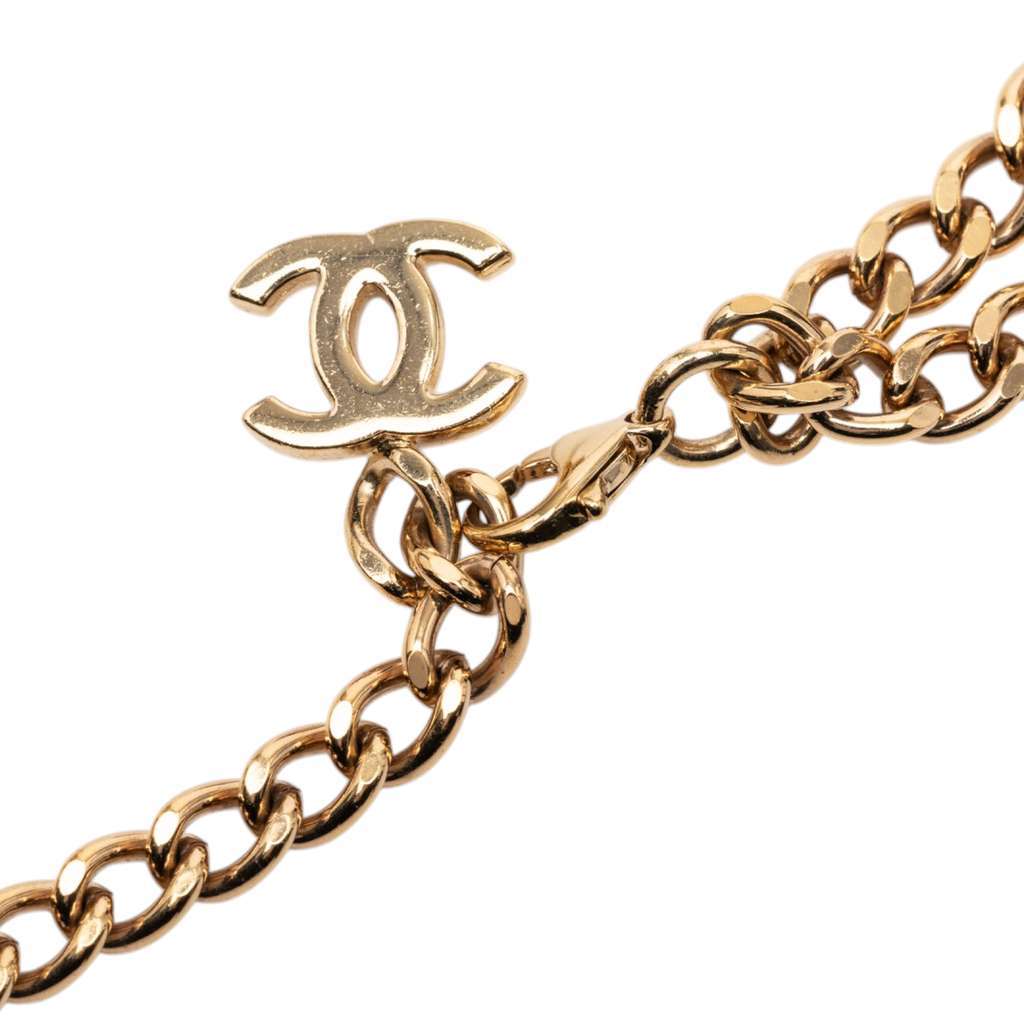 Chanel CC Gold Plated Coco Rhinestones Double Chain Necklace Gold Metal Very good - Model View