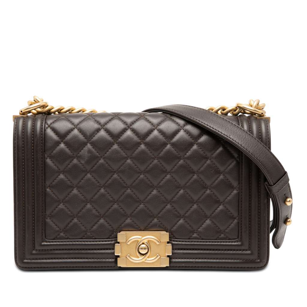 Chanel Old Medium Quilted Lambskin Boy Flap Brown Leather Very good - Front View