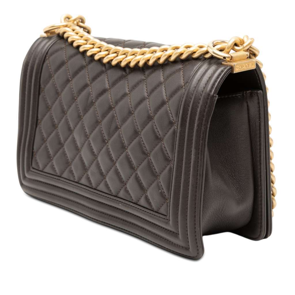 Chanel Old Medium Quilted Lambskin Boy Flap Brown Leather Very good - Back View