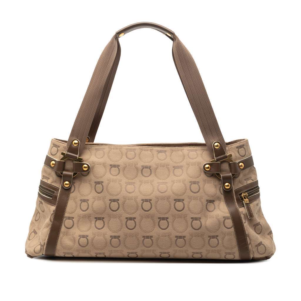 Salvatore Ferragamo Gancini Canvas Shoulder Bag Brown Canvas Very good condition - Front View