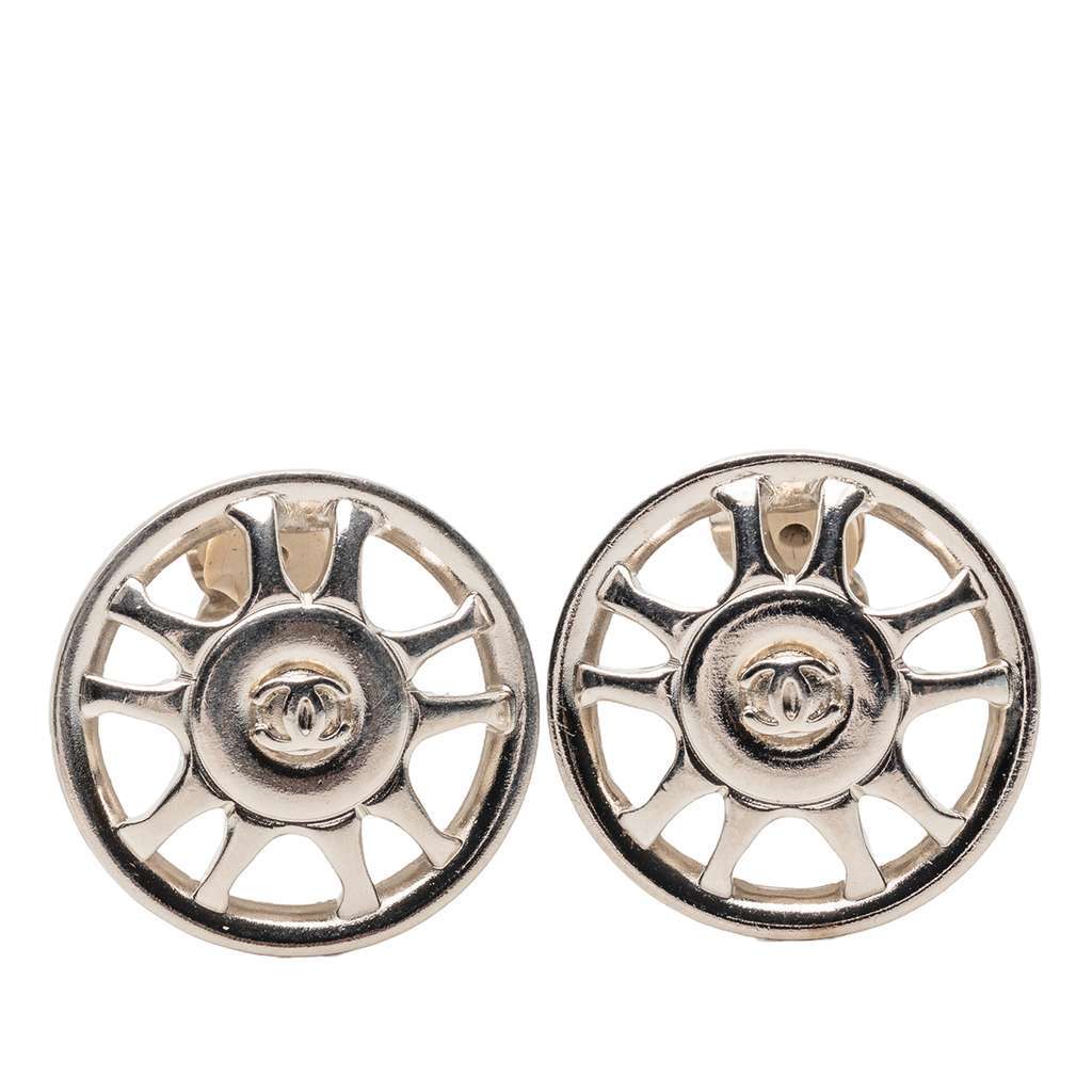 Chanel CC Silver Plated Wheel Clip On Earrings Silver Metal Very good - Front View